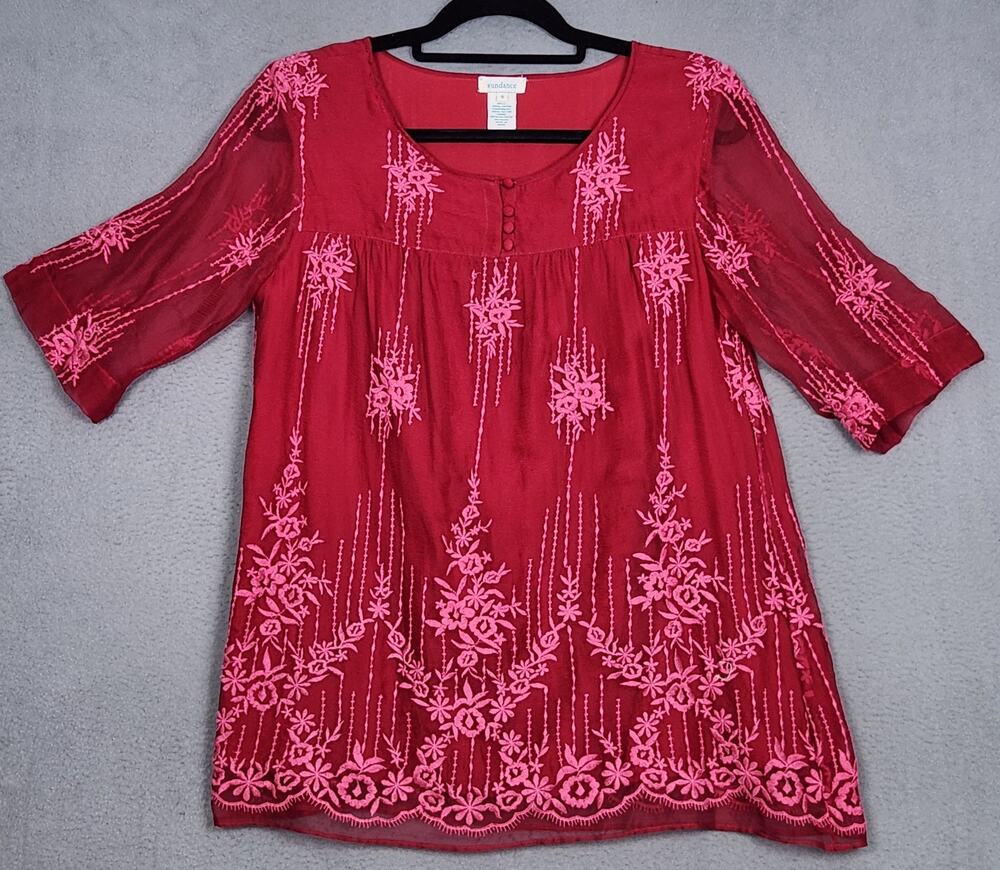 SUNDANCE Top Womens Small Red Floral Embroidered Sheer Sleeves Lined Henley